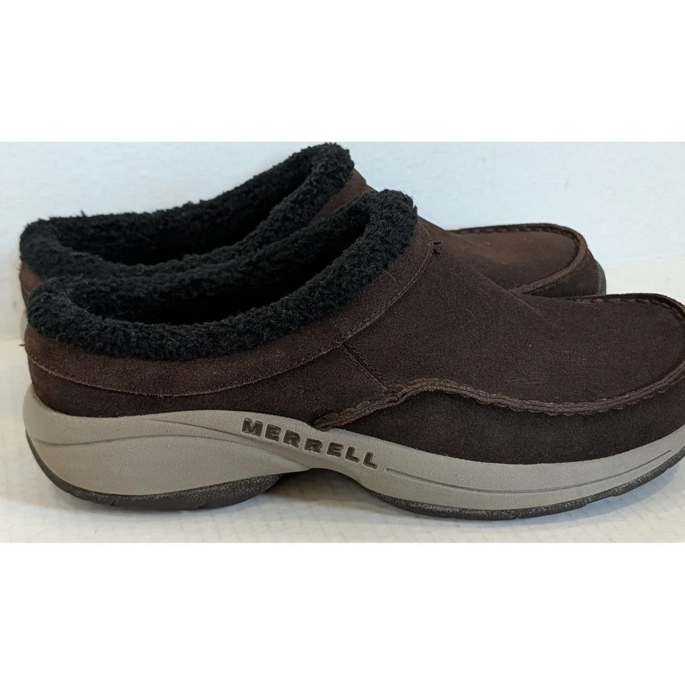 Merrell Espresso Men's 10.5 Brown Suede Fleece Lined Slip On Clogs Mules Shoes